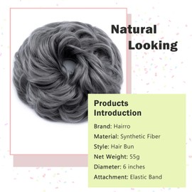 Hairro Messy Hair Bun, Large Messy Bun Hair Piece Curly Wavy Updo Scrunchies 55g Dark Grey Thick Chignon Synthetic Extensions Hairpieces for Women Girls, Dark Grey