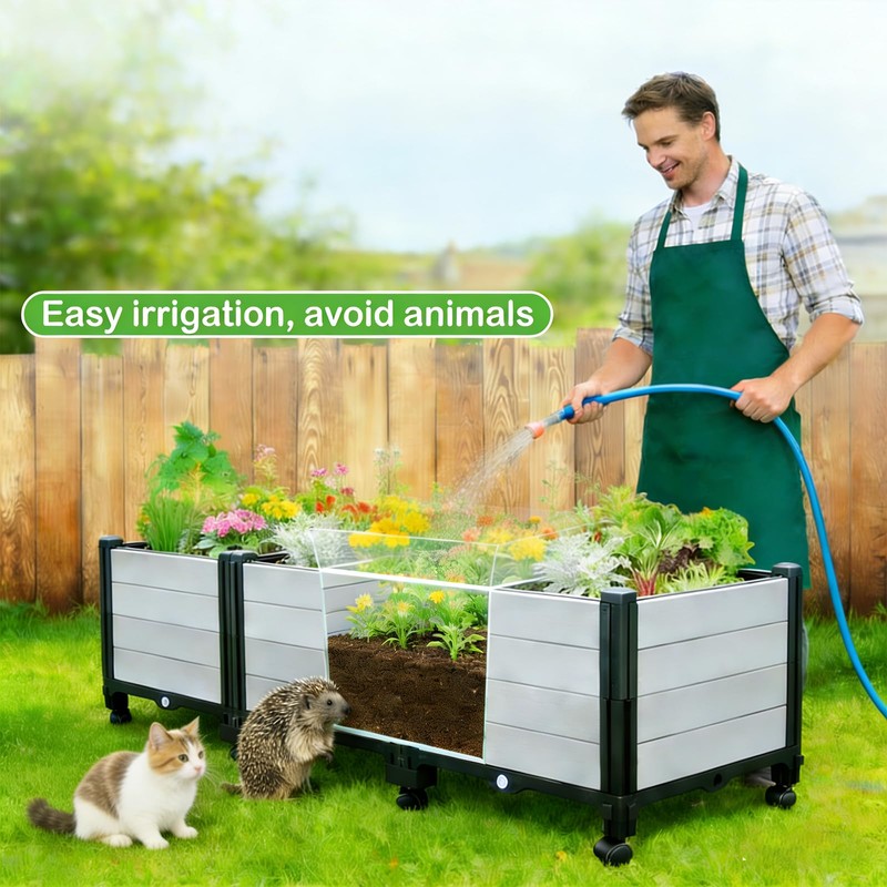 Ywie up Triple Compartment Elevated Raised Garden Bed with Wheels,
