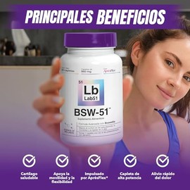 BSW-51 Suplemento Alimenticio (Boswellia Serrata AprèsFlex® + Ácido Hialurónico + Piperina) 30 cápsulas de 860 mg cada una para mejorar la movilidad y