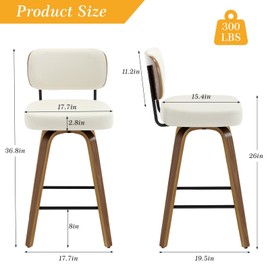 Bekrvio Swivel Counter Height Bar Stools Set of 2, 26" Upholstered Faux Leather Barstools with Back and Bent Wood Legs, Mid Century Modern Bar Chair, Island Stool for Kitchen Counter, Cream White