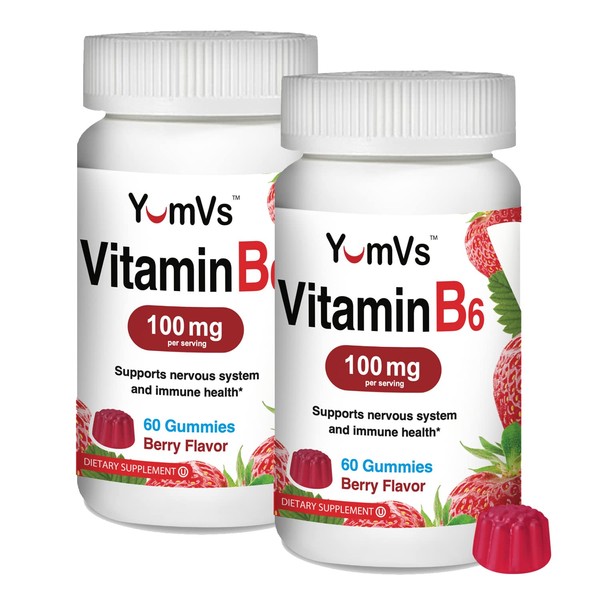 YUM-V'S Vitamin B6 Gummies 100mg by YumVs | Supports Nervous System, Immune System Booster | Dietary Supplement for Adults | Non GMO, Vegetarian, Kosher | Berry Flavor Gummies - 2 Pack, 60 Count Each
