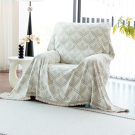 JPGGD Leaf Couch Blanket Cover,Chenille Sofa Covers Washable for Dogs,Couch Covers for Sofa, Soft Slipcovers for Couches and Sofas Pet Friendly for Recliner（1pc, Beige White, 59"×71"