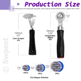 Swpeet 25Pcs 32mm 42mm 58mm Tube Tire Patch Repair Tool and Tire Roller Wheel with Liner Scraper Assortment Kit, Round Universal Tire and Tube Patch Auto Repair Stitcher Tool
