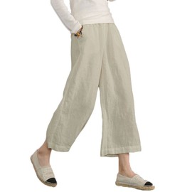 ECUPPER Women's Casual Loose Elastic Waist Cotton Trouser Cropped Wide Leg Pants Natural 0-4