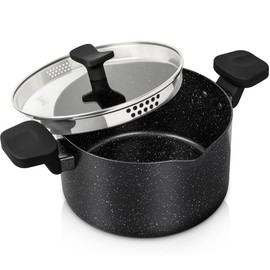 MICHELANGELO Pasta Pot with Strainer Lid, 6 Quart Cooking Pot with Twist and Lock Handles, Soup Pot with Nonstick Granite Coating, Spaghetti Pot - Color: Black