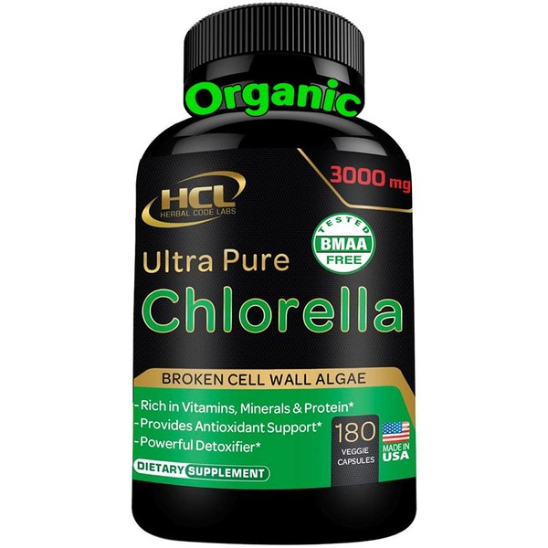 Chlorella Capsules Organic 3000 mg - Cracked Cell Wall Blue Green Algae Supplement - Best Natural Detox Cleanse - Plant Vitamins Minerals Chlorophyll Vegan Protein Powder Pills - Made in USA