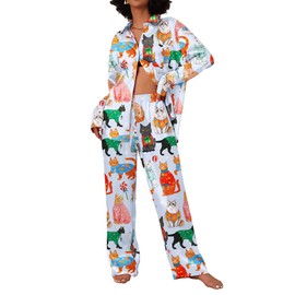 Ekouaer Womens 2 Piece Silk Satin Pajama Set Long Sleeve Lounge Sets Button Down Shirts and Pants PJs Soft Sleepwear Sets Blue Cat M