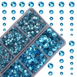 10000Pcs 2-Boxes Mixed Size Hot Fix Round Crystals Gems Glass Stones Hotfix Flat Back Rhinestones with Tweezers and Picking Pencil (Aquamarine)