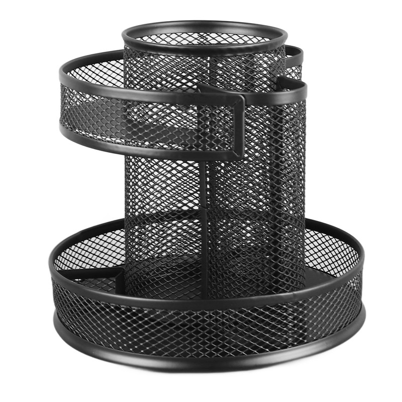 Rotating Pen Holder Black Mesh 7 Compartments Strong Metal Rotating