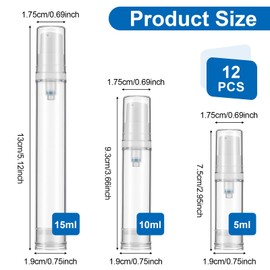 Molain Set di 12 flaconi da viaggio con pompa airless da 5 ml, 10 ml, 15 ml, ricaricabili, trasparenti, contenitori per lozioni, lozioni, creme fai da te