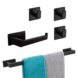 Vanloory 5 Pieces Self Adhesive Bathroom Hardware Set-SUS304 Stainless Steel-Towel Rack Set Include 24″Towel Bar+Toilet Paper Holder+3 Towel/Robe Hooks Bathroom Accessory Towel Bar Set (Black, 24 in)
