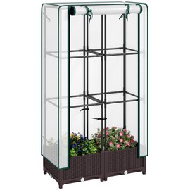 Outsunny Plastic Raised Garden Bed with Trellis, Outdoor Planter Box with PE Greenhouse Cover, Drainage Holes and Zipper Door for Climbing Plants, Herbs and Vegetables, 31.5" x 15.7" x 48.8", Brown