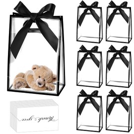 GAWBYET 24 Pcs Clear Plastic Gift Bags with Handles, Reusable Party Favor Bags With ribbons and cards for Mother's Day, Birthday, Wedding,Bachelorette Party,(8.6 x 12 x 4 Inch)