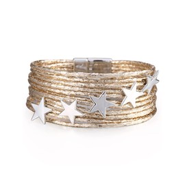 Leather Bracelet for Men Women Silver Star Multilayer Wrap Bracelet with Clasp Cuff Boho Leather Cuff Bracelet(G)
