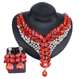 Women's Wedding Bridal Bridesmaid Rhinestone Crystal Statement Necklace Earrings Party Costume Jewelry Set, Gemstone, goldstone