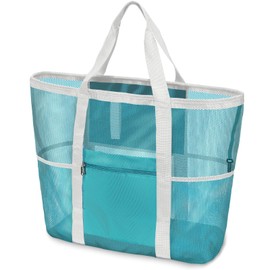 F-color Foldable XL Mesh Beach Bag, 9-Pockets Lightweight Beach Bag for Women with Bottom Waterproof-Sandproof for Pool Travel Grocery Mint Green