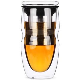 BTAT- Double Wall Glass Tea Cup With Stainless Steel Infuser, 500ml 16oz Glass, Tea Cup with Lid, Tea Infuser Cup, Tea Cup with Filter, Tea Cup with Infuser, Tea Gifts for Tea Lover
