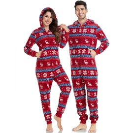 COLORFULLEAF Couples Christmas Pajamas for Family Hoodie Plaid Fleece Onesie Full Zipper Jumpsuits Snowflake Pattern (Womens, M)
