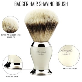 Haryali London Brass Handle Shaving Brush Silver Tip Badger Hair with Chrome Base HARYALI