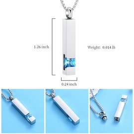 12 Birthstone Bar Cremation Necklace for Women Men Stainless Steel Memorial Urn Jewelry Hold Ashes Keepsake Pendant (Little Blue Stone)