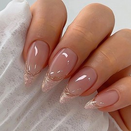 24Pcs Almond Press on Nails Medium, French Tip Nude Pink Fake Nails Glossy Glitter False Nails with Designs, Stiletto Gold Shiny Acrylic Full Cover Glue on Nails for Women and Girls