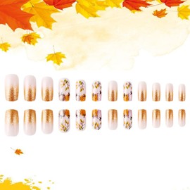 TBRZTR French Pumpkin Press on Nails Short Square Fall False Nails Leaves and Gold Glitter Powder Design French Stick on Nails Full Cover Glossy Acrylic Nails Reusable Glue on Nails for Women 24Pcs