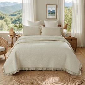 Brandream Queen Size Quilt Set Cotton Beige Quilts Ruffle Bedspread Floral and Vines Matelasse Coverlet Set 3-Piece