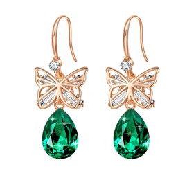 Austrian Crystal Teardrop Butterfly Drop Dangle Earrings for Women 14K Rose Gold Plated Hypoallergenic Jewelry (Emerald)