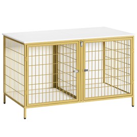 MAHANCRIS Dog Crate Furniture for 2 Dogs, 43.3" Dog Kennel with Removable Divider, Heavy Duty Wooden Dog Kennel for Small Medium Dog, Indoor Dog Cage End Table with Double Doors, White and Gold