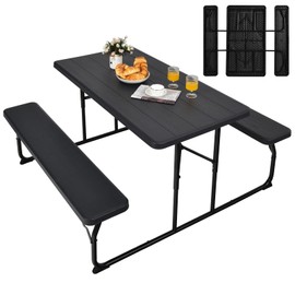 S AFSTAR Folding Picnic Table Bench Set, Foldable Picnic Table with 2 Benches, Outdoor Table and Bench W/Steel Frame & Wood-Like Texture Tabletop, Camping Table Chair Set for Garden Patio Lawn (Black)