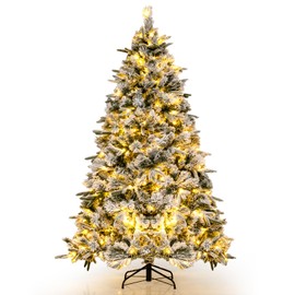 HAPPYGRILL 6 FT Pre-lit Artificial Christmas Tree, Snow-Flocked Xmas Tree with 250 Warm White LED Lights, 752 Mixed Branch Tips, Pine Needles, Hinged Holiday Decoration Tree for Home Office Party