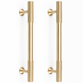 RZDEAL 4pcs Solid Brass Gold Cabinet Pulls, 5-Inch Hole Centers for Kitchen Cupboard Handles Modern Drawer Pulls Bathroom Brushed Brass Cabinet Pulls Wardrobe Door Handles