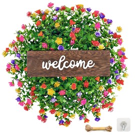 Colourful House Door Wreath, Welcome Sign Front Door Summer Wreath All Year Round Artificial Wreath Decoration Spring Door Sign for Front Door Home Door Window Wall (Color)