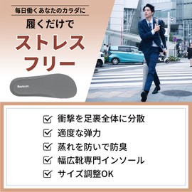 Insoles [Set of 2] Anti-fatigue, Shock Absorption, Standing Work, Sports, Footbed, Inserts, Reduces Foot Strain, Comfortable, Antibacterial, Deodorizing, Anti-Slip, Size Adjustable, Unisex (Gray, L