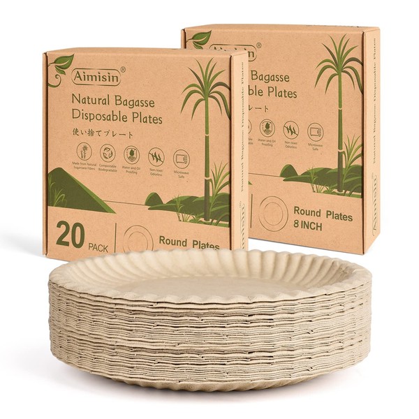 Aimisin Disposable Bagasse Plates Biodegradable Natural Sugarcane Plates Heavy-Duty Compostable Plate for Parties BBQs Camping Wedding and Everyday Use (Round Plates 8'' - 40 pack)