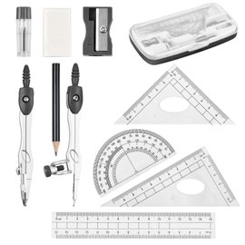 Set of 10 Compass for Geometry Math Geometry Kit, Geometry Compass Set, Including Set Square, Lead Refills, Pencil, Eraser Sharpener for School Mathematics (Black)
