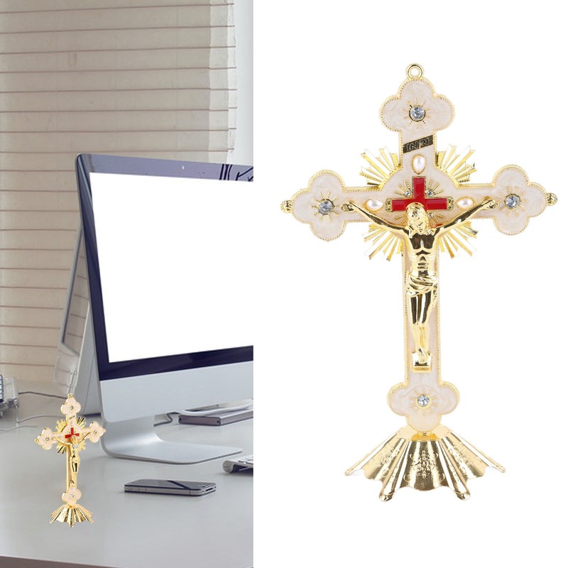 Metal Standing Cross Red Rhinestone Decoration Exquisite Retro Elegance Standing