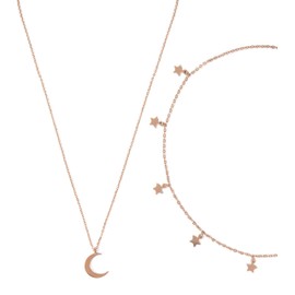 Happiness Boutique Women's Moon and Star Jewellery Set in Rose Gold 2-Piece Crescent Moon Necklace and Choker Necklace with Star Pendants, Rose Gold Stainless Steel, Without Stone