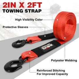 X-BULL Tow Strap (2 in x 20 Ft) with Forged Steel Hooks Lab Tested 10,321lbs Break Strength Emergency Heavy Duty Capacity Tow Strap for Car Truck Jeep SUV Not for Off-Road Recoveries（Red）