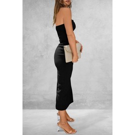 PRETTYGARDEN Women's Summer Bodycon Maxi Tube Dress Ribbed Strapless Side Slit Long Going Out Casual Elegant Party Dresses (Black,XX-Large)