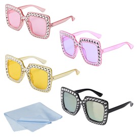 Retro Square Sunglasses, 4 Pack Oversized Frame Sunglasses, Funky Glasses Rhinestone Frame Color Lens, Disco Diamond Glasses for Shopping Outings, Beach Games, Wedding Photo Shoots, Party Dress-Up