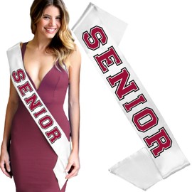 RhinestoneSash Senior Sash Maroon - Burgundy with Black Outline Senior on White PREMIUM GRADE SATIN Sash - UNISEX Senior Party Supplies and Gifts - White Sash(Senior) Mrn w/Blk