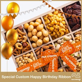 Happy Birthday Gift Basket, Gourmet Nuts in Reusable Wooden Tray + Orange Ribbon (12 Assortments) Arrangement Platter, Care Package Variety, Healthy Food Tray, Kosher Snack Box for Women Men Adults