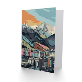 Artery8 Cityscape under Rocky Moutain Range Modern Linocut Travel Birthday Sealed Greeting Card Plus Envelope Blank Inside