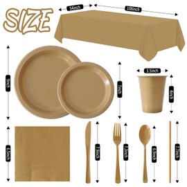Disposable Plastic Dinnerware Set-484PCS Plastic Plates Set Includes 60 Of Each Dinner ＆ Dessert Plates, Cups, traws, Spoons, Forks & Knives for Party (Gold, 484PCS（60 Guests）)