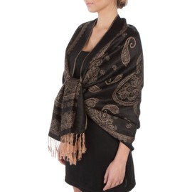 Sakkas PashPais Two Tone Paisley Pashmina Scarf/Stole/Wrap - Black/Beige
