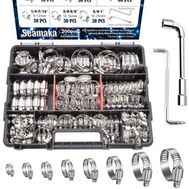 Seamaka Hose Clamp Assortment 200PCS 304 Stainless Steel Hose Clamp Kit 1/4"–2"(6-51mm) Worm Gear Hose Clamps Heavy Duty Small Hose Clamps for Automotive Radiator Pipe,Plumbing,Fuel Line