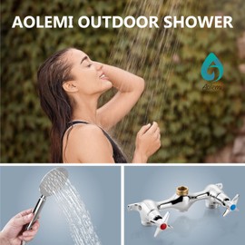 Aolemi Outdoor Shower Fixtures, 2-Handle Exposed Shower Kit with High-Mounted Handheld Shower and 59" Hose, Brass Mixing Valve, 6-Inch Center, Polish Chrome