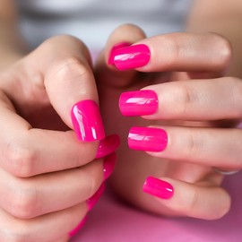 LINSSQ Press on Nails Glossy Solid Rose Pink Fake Nails Medium Length Squoval False Nail Art Tips Reusable Acrylic Finger Nails Gifts for Women Girls