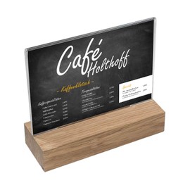 HMF 46941 Acrylic Table Stand with Wooden Base DIN A6 Landscape Format Crystal Clear